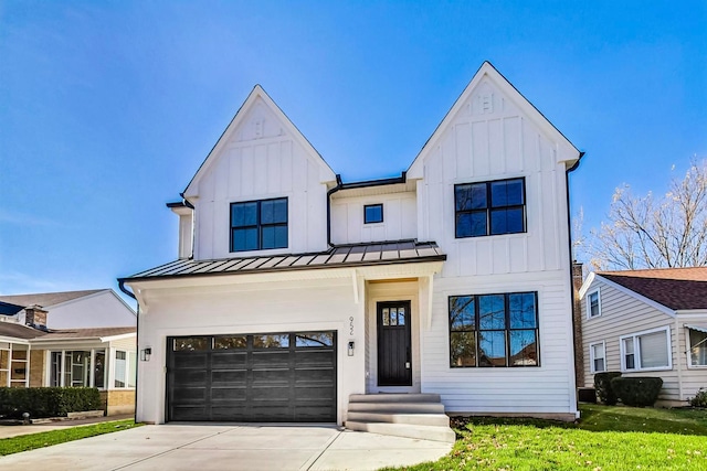 modern farmhouse style home with a garage and a front yard