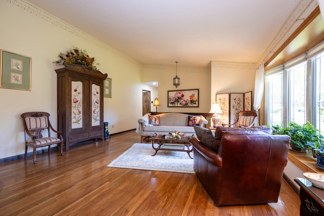 living room featuring hardwood / wood-style flooring and crown molding