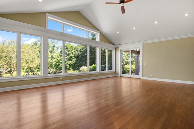 unfurnished sunroom featuring lofted ceiling and ceiling fan