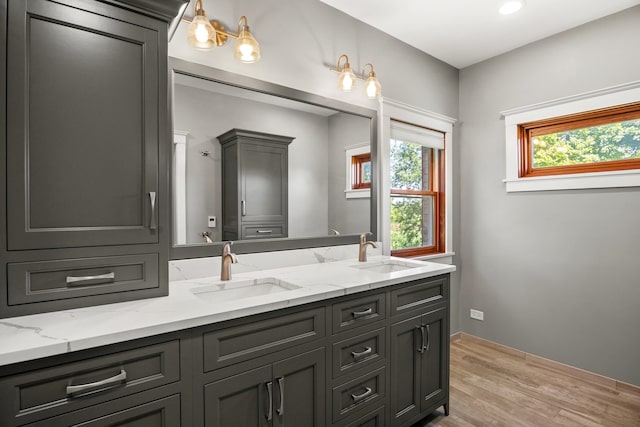 bathroom featuring vanity and hardwood / wood-style flooring