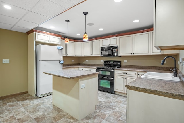 kitchen with a center island, black appliances, sink, white cabinetry, and decorative light fixtures