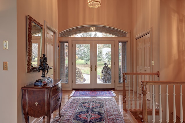 entryway featuring a wealth of natural light, french doors, and wood-type flooring