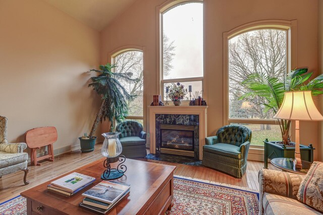17619 Grandview Dr, Sterling, IL 61081 - living room featuring hardwood / wood-style floors, a fireplace, and lofted ceiling