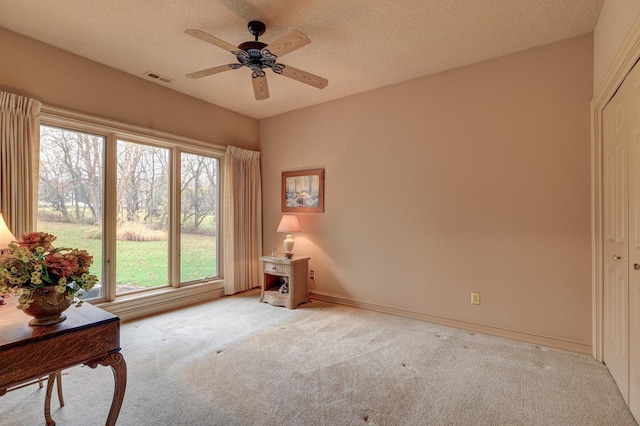 17619 Grandview Dr, Sterling, IL 61081 - living area featuring carpet flooring, a ceiling fan, a textured ceiling, and baseboards
