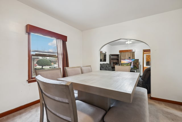 carpeted dining room with ceiling fan