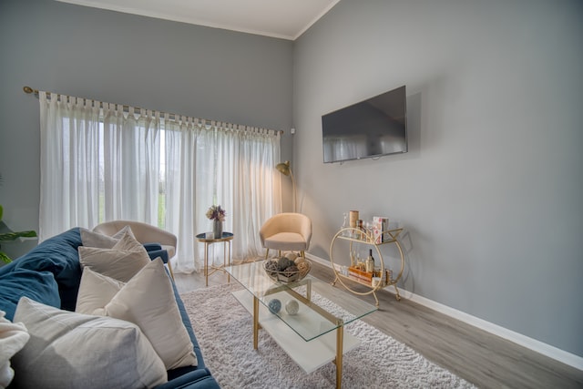 living room featuring light wood-type flooring and ornamental molding