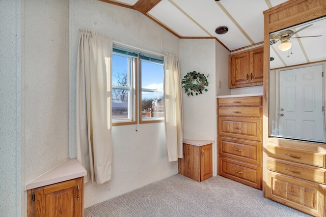 interior space featuring light carpet, ceiling fan, and vaulted ceiling