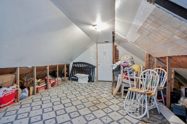 interior space with lofted ceiling and light floors