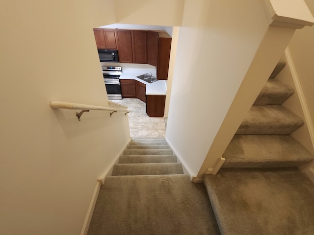 stairway with carpet and sink