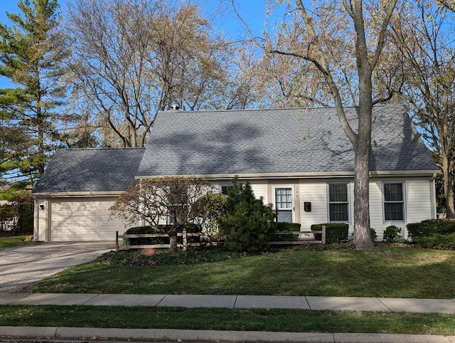 cape cod-style house featuring a garage, driveway, a shingled roof, and a front lawn