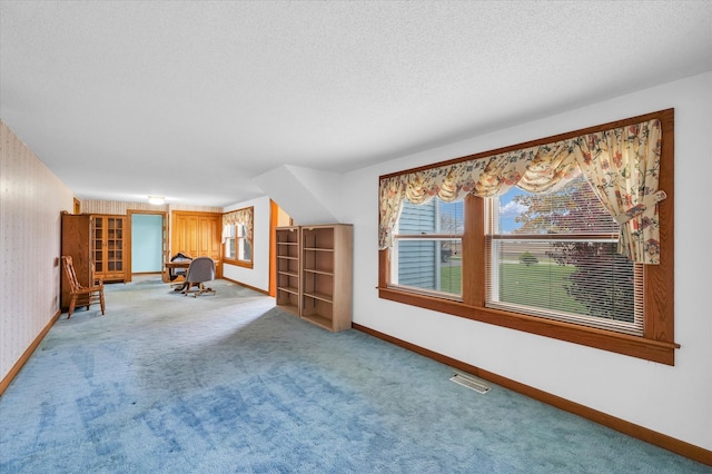 empty room with a textured ceiling and carpet floors