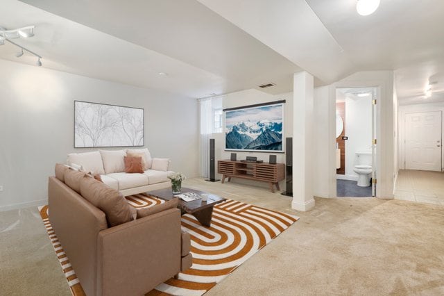 carpeted living room featuring rail lighting