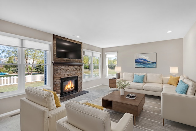 living room featuring a fireplace