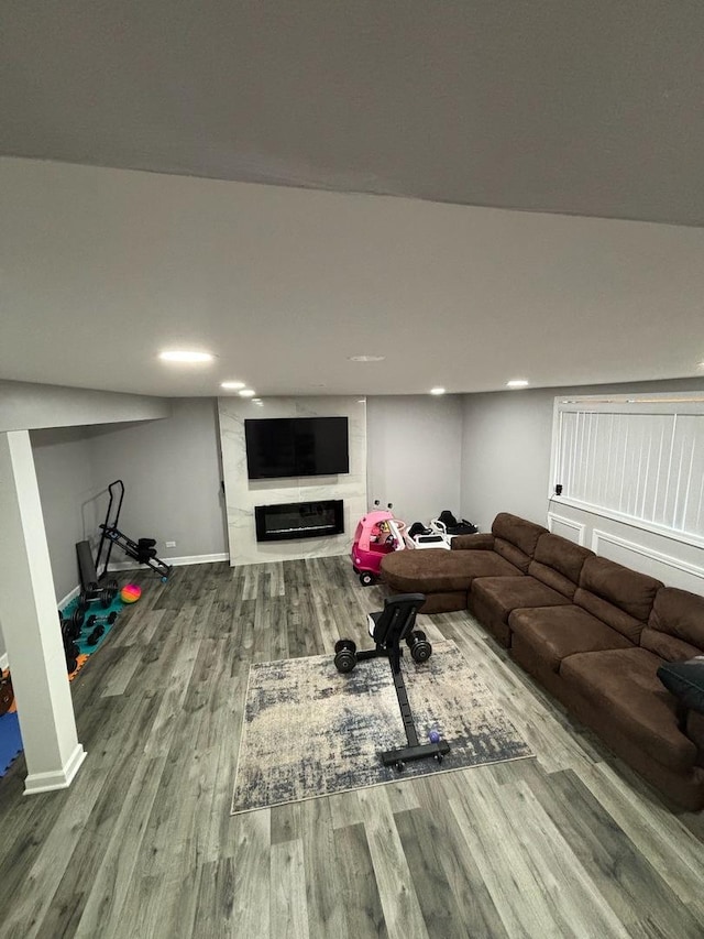 living room featuring a fireplace and hardwood / wood-style floors