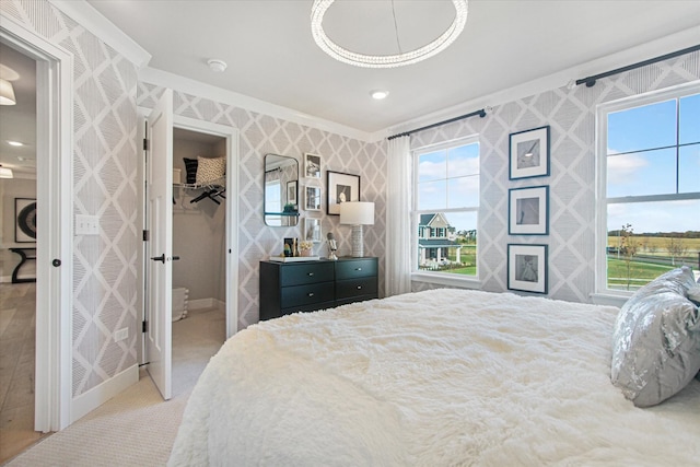 carpeted bedroom with ornamental molding, a spacious closet, multiple windows, and a closet