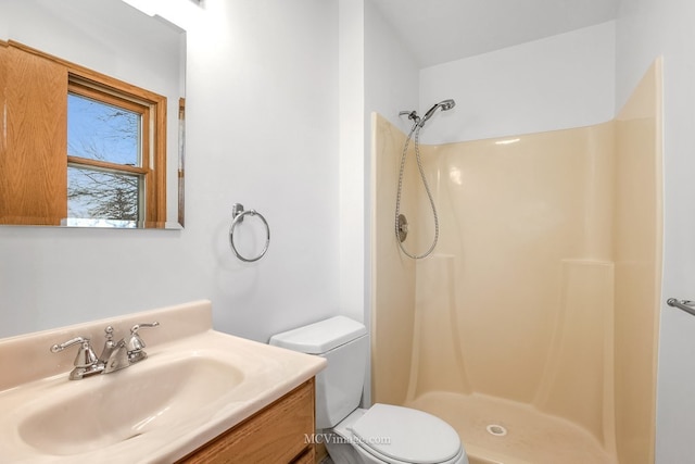 bathroom with toilet, vanity, and walk in shower