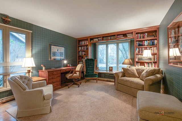 home office with hardwood / wood-style flooring, plenty of natural light, and built in features