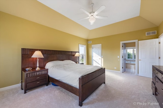 bedroom with light carpet, baseboards, visible vents, lofted ceiling, and ceiling fan