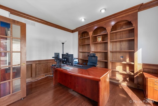 office area with dark hardwood / wood-style floors and ornamental molding