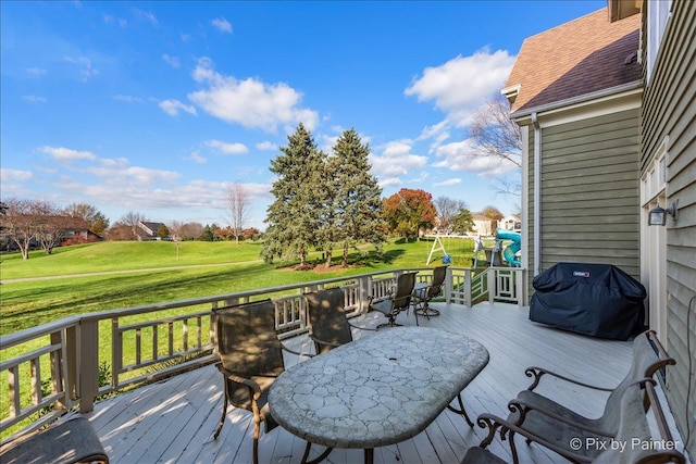 1666 Eagle Brook Dr, Geneva, IL 60134 - wooden terrace featuring a lawn, a grill, and outdoor dining space