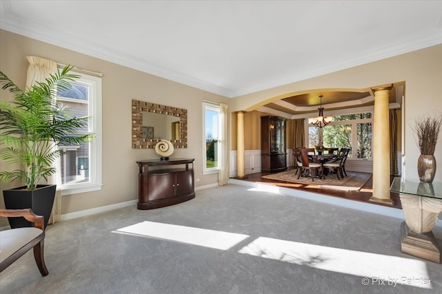 living area featuring carpet, decorative columns, and ornamental molding