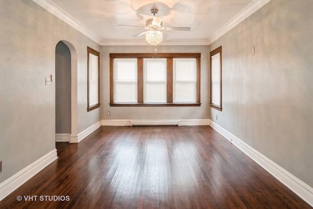 empty room featuring ornamental molding, a baseboard radiator, dark hardwood / wood-style floors, and ceiling fan