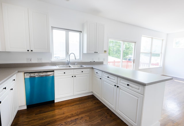 kitchen featuring dark wood-type flooring, stainless steel dishwasher, sink, and white cabinets