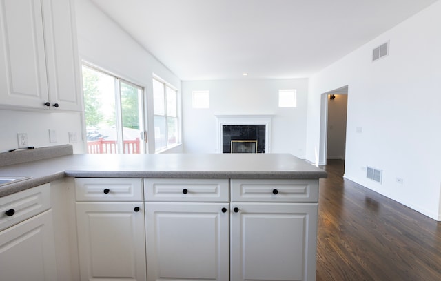 kitchen featuring white cabinets, dark wood-type flooring, and kitchen peninsula