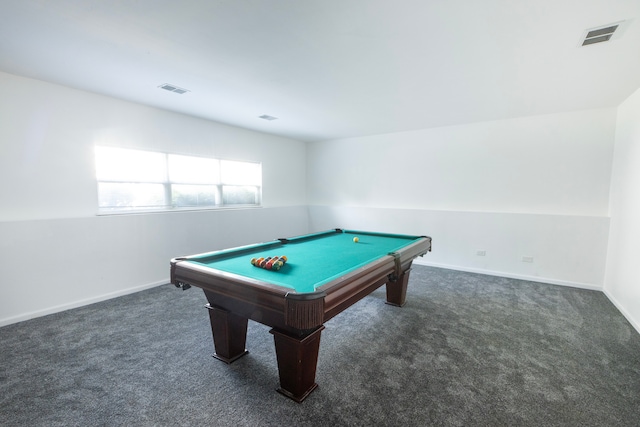 game room with billiards, lofted ceiling, and dark carpet