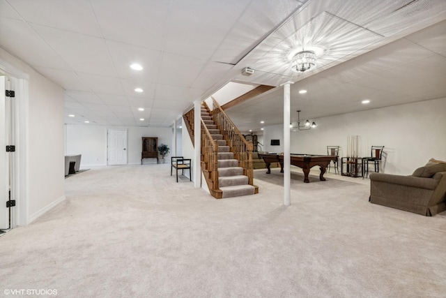 1100 Glencrest Dr, Inverness, IL 60010 - carpeted living room with billiards table, stairs, recessed lighting, and baseboards