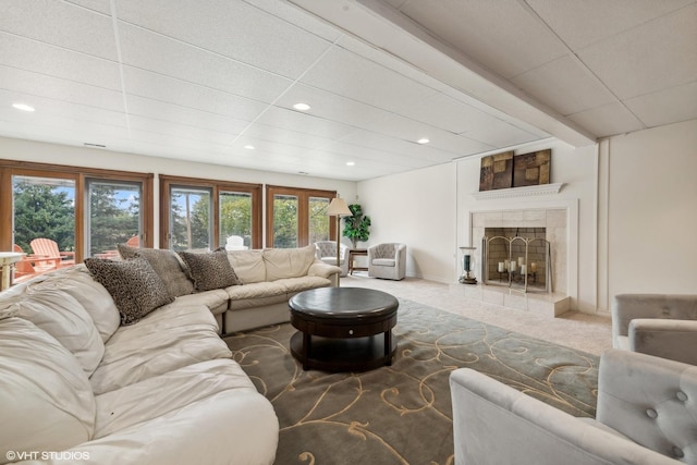 1100 Glencrest Dr, Inverness, IL 60010 - carpeted living room with healthy amount of natural light, a fireplace, recessed lighting, and baseboards