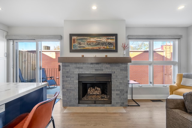 living room featuring a fireplace and light hardwood / wood-style flooring