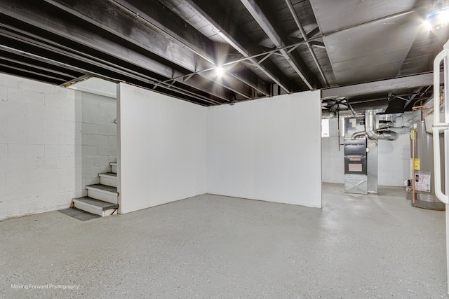 basement with heating unit and gas water heater