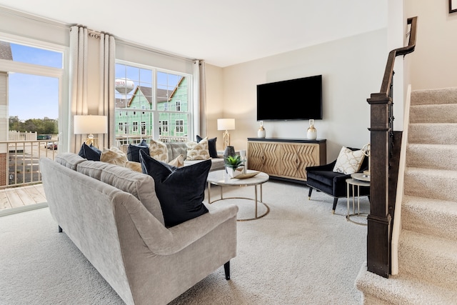 living room featuring light colored carpet