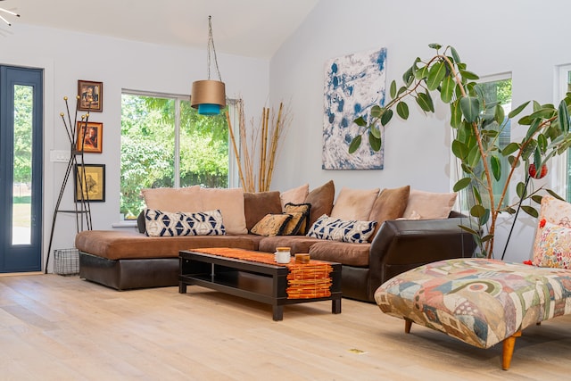 living room with lofted ceiling, a healthy amount of sunlight, and light hardwood / wood-style floors