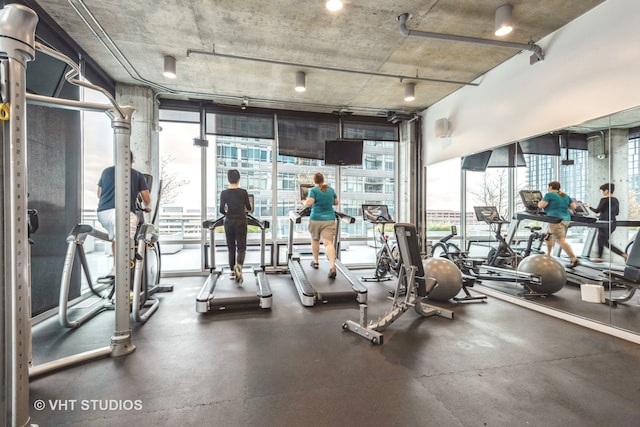 exercise room featuring expansive windows