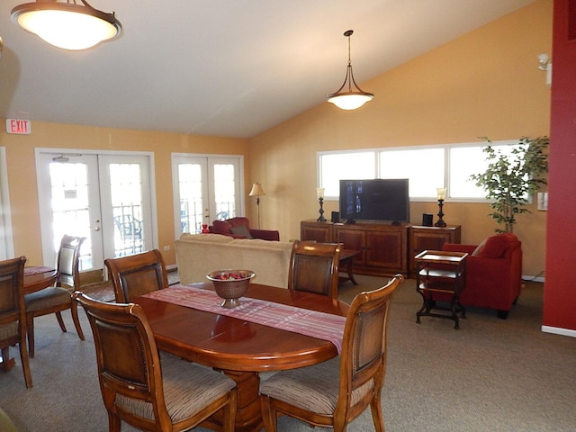 carpeted living room with track lighting and lofted ceiling