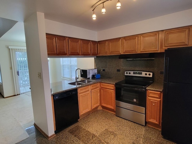 kitchen featuring tasteful backsplash, stainless steel range with electric stovetop, ventilation hood, sink, and dishwasher