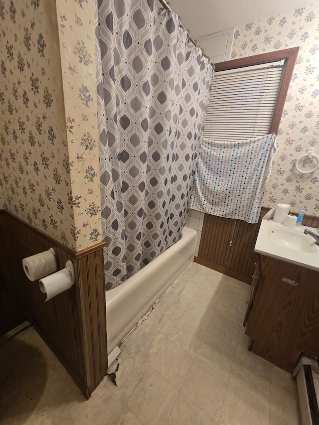 bathroom with shower / tub combo with curtain and vanity