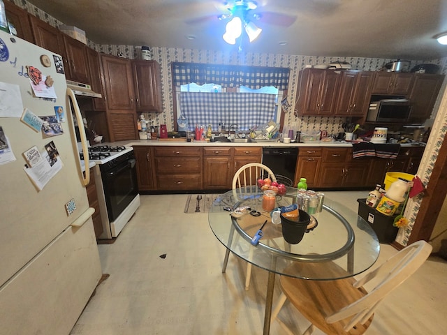 kitchen featuring sink, tasteful backsplash, ceiling fan, white appliances, and exhaust hood