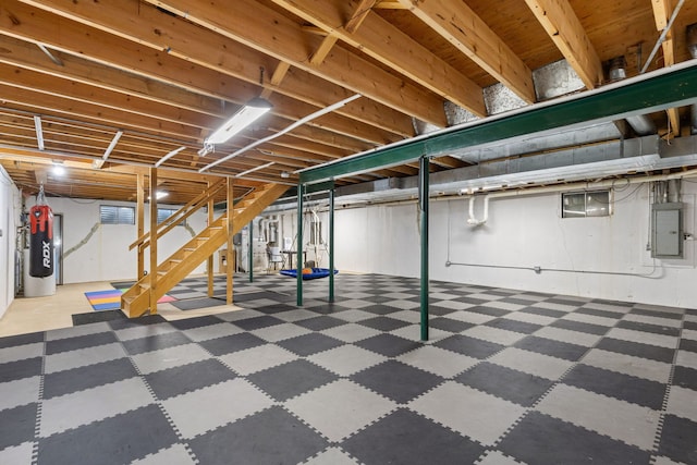 basement with electric panel and water heater