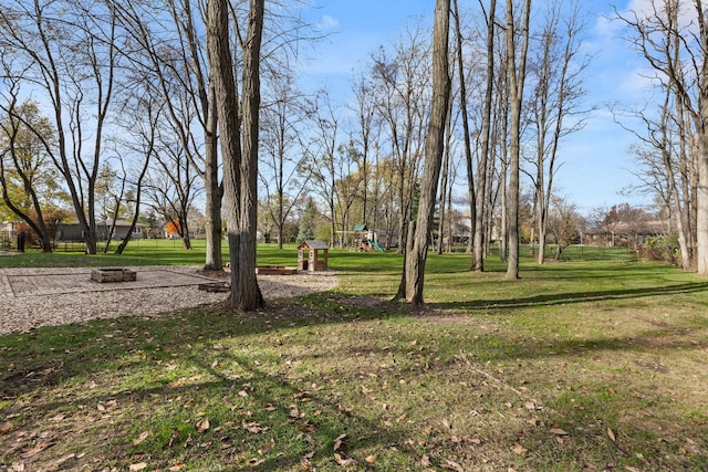 view of yard featuring a playground and an outdoor fire pit