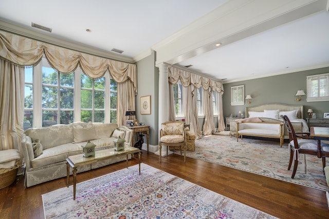 interior space with dark wood-type flooring and crown molding