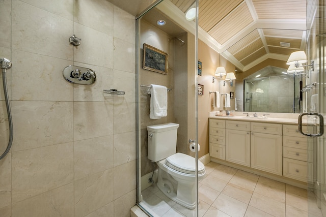 bathroom with tile patterned floors, vanity, wood ceiling, vaulted ceiling, and toilet