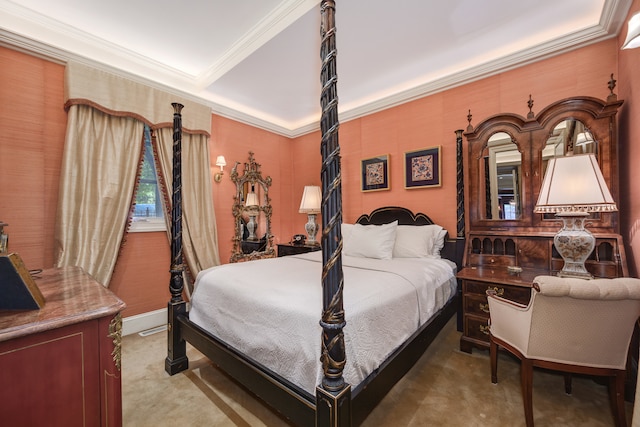 bedroom featuring crown molding and carpet floors