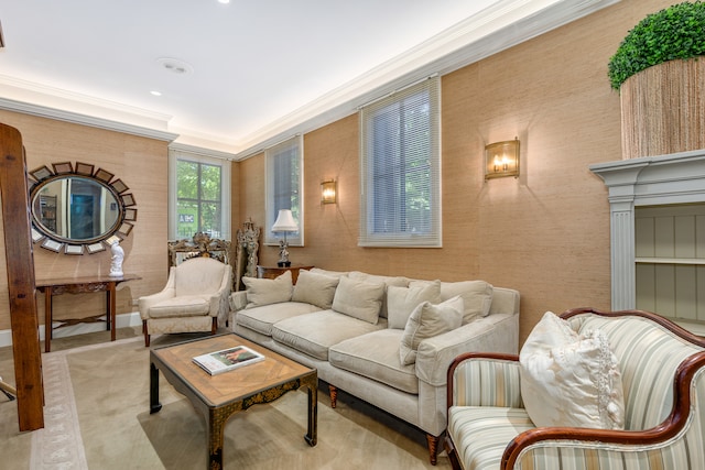 living room with crown molding