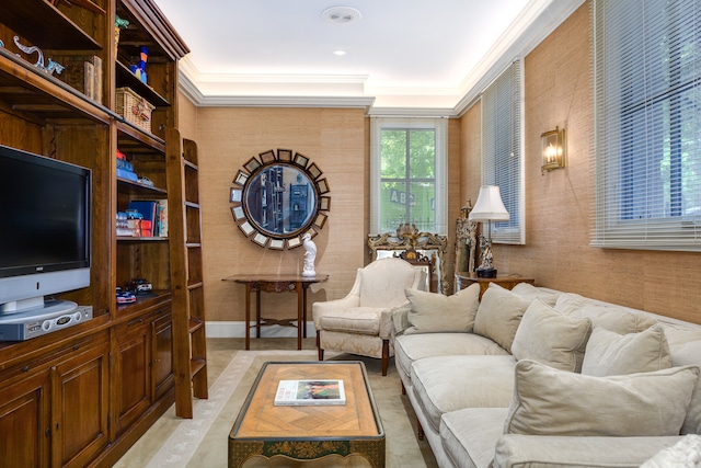 living room with crown molding