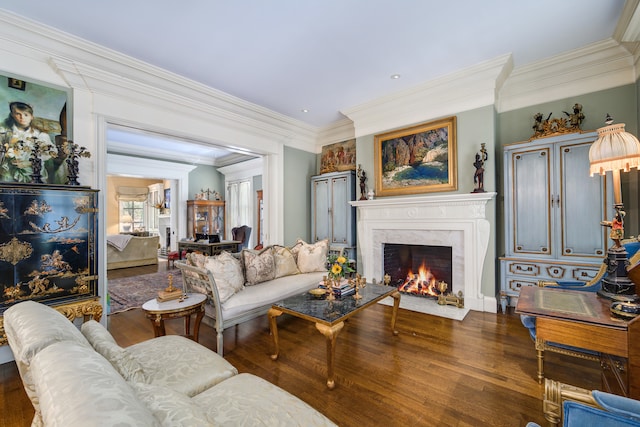 living room featuring dark wood-type flooring, a premium fireplace, and ornamental molding