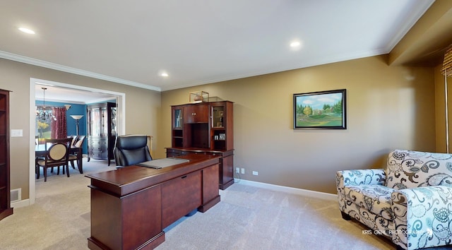 home office with crown molding, light colored carpet, and an inviting chandelier