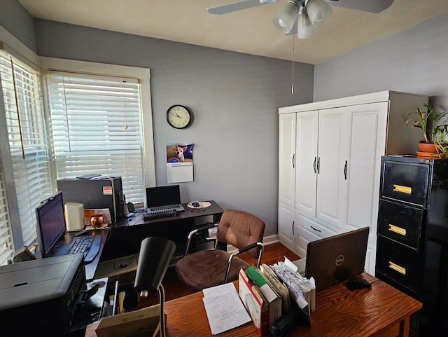 office area with hardwood / wood-style floors and ceiling fan